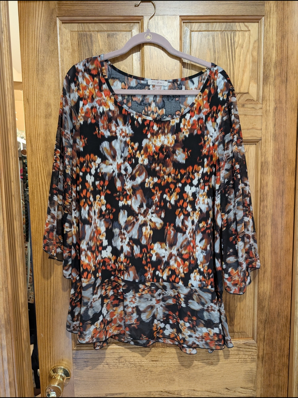 Roz & Ali Black Floral Print Flowy Tunic with Orange & Cream Accents